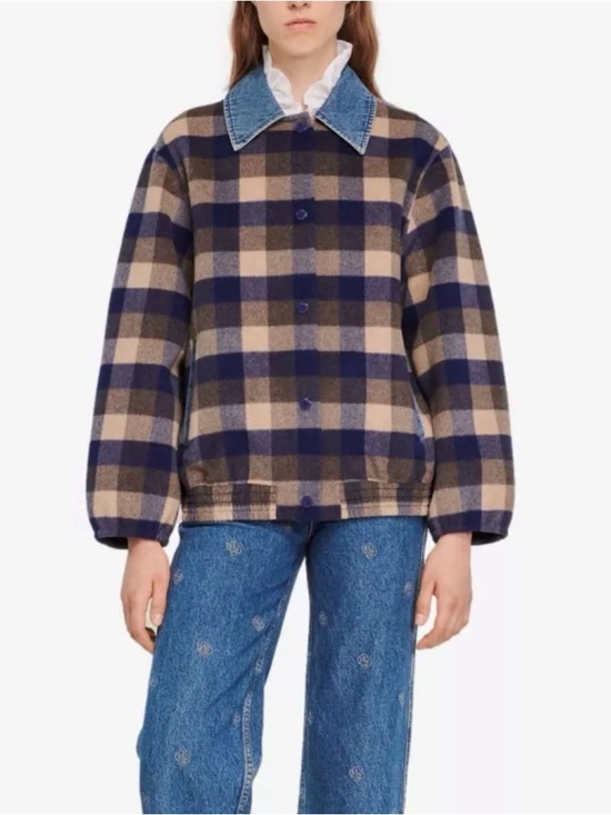 Sandro Jackets & Blazers - Sandro Jacket Warren Denim Blue Canel Plaid Contrast Collar Button Front Sz 36